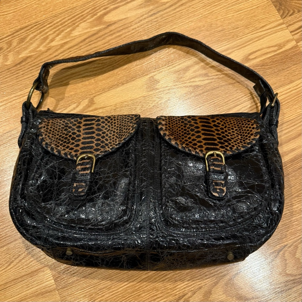 Charlie Lapson‎ Embossed Croc Patent Leather Animal Print Pony Hair Shoulder Bag
